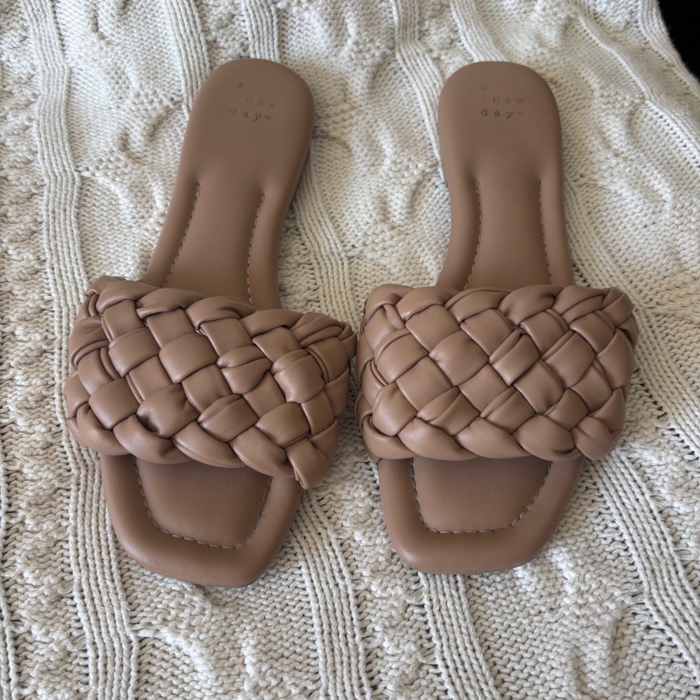 A New Day Slide Sandals Womens 7 Tan Braided Square Toe Slip On Flats